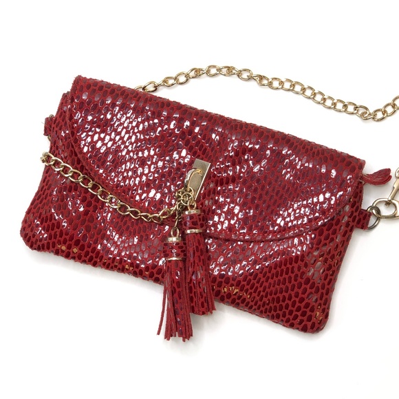 Unknown Handbags - Vintage Red Suede Snake Pattern Dressy Crossbody
